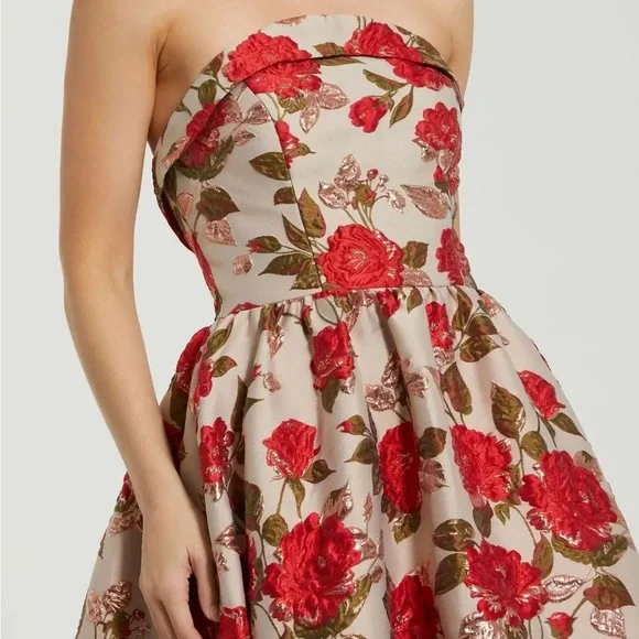 Multicolor Brocade Strapless Floral Gown With Ruffle Hem - Picture 2 of 7